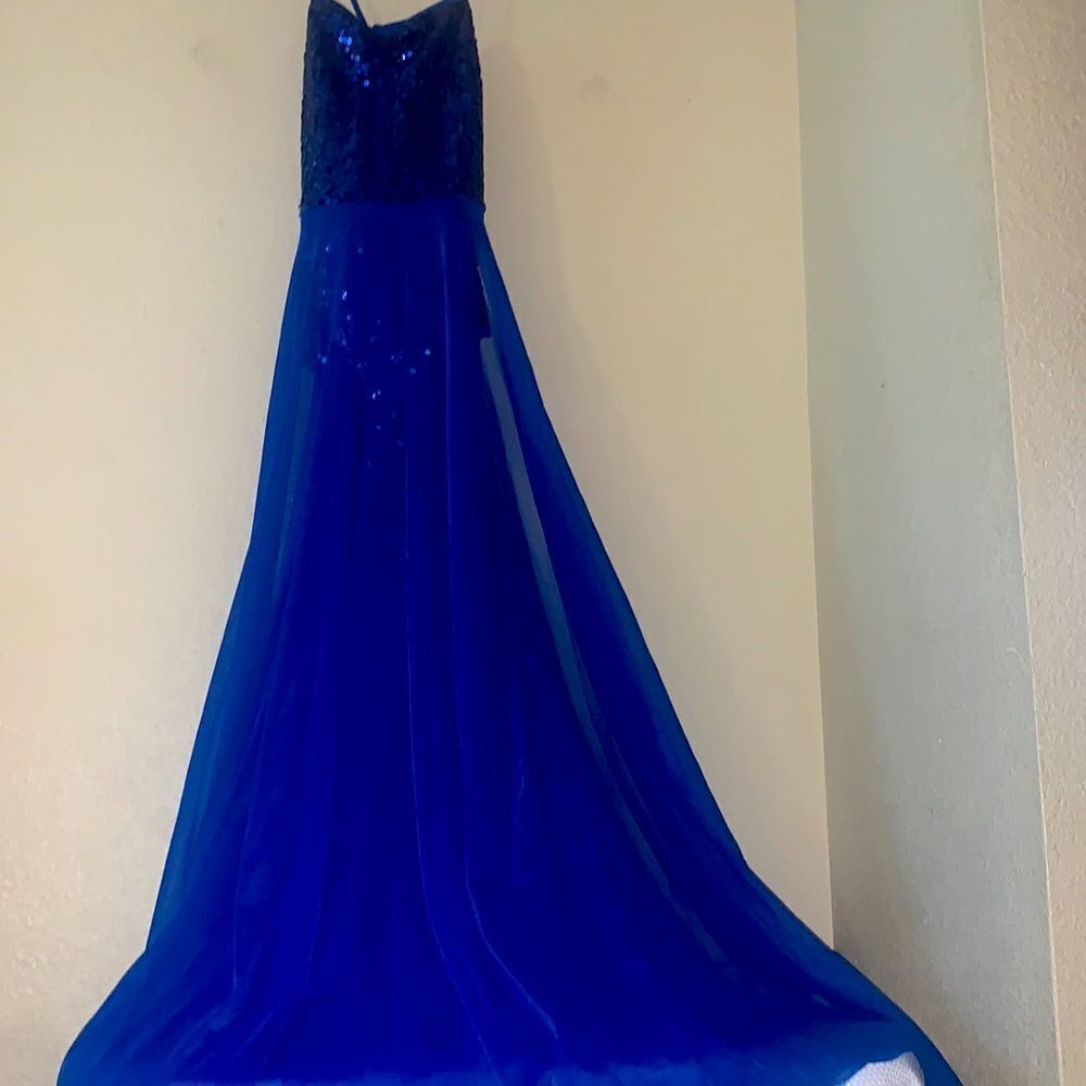 Blue dance sequined leotard with blue chiffon attached skirt